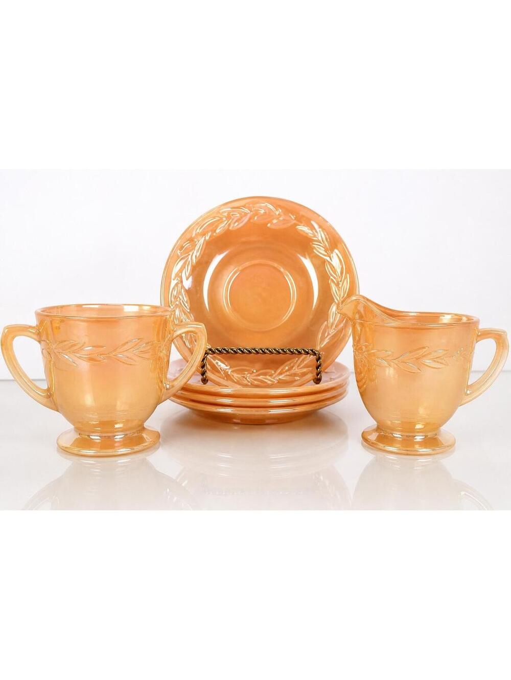 Vintage Fire-King Orange Glass Creamer Sugar Set w/ 4 Saucers Leaf Embossed